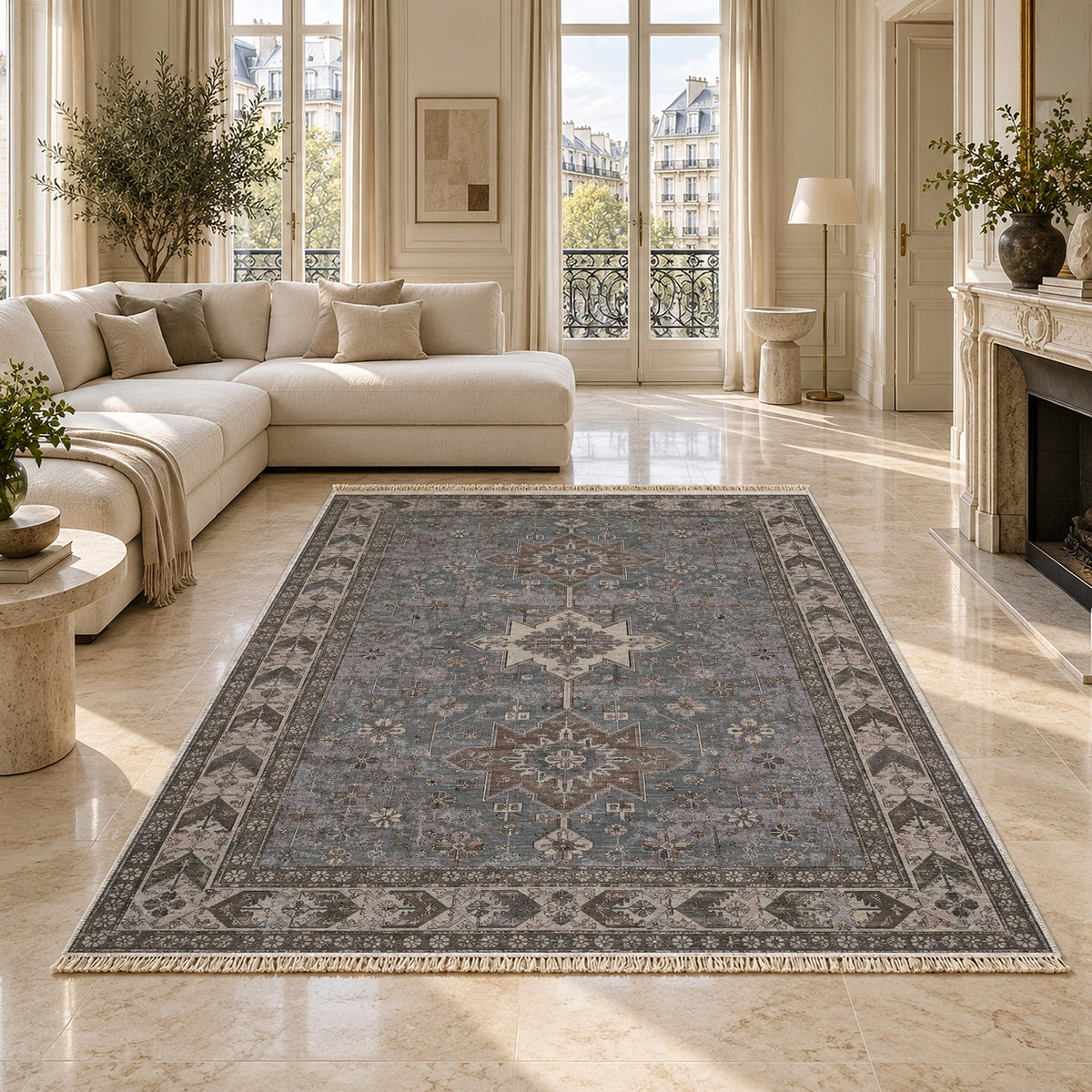 Yagcibedir Stars Graphite & Linen washable rug on a marble floor