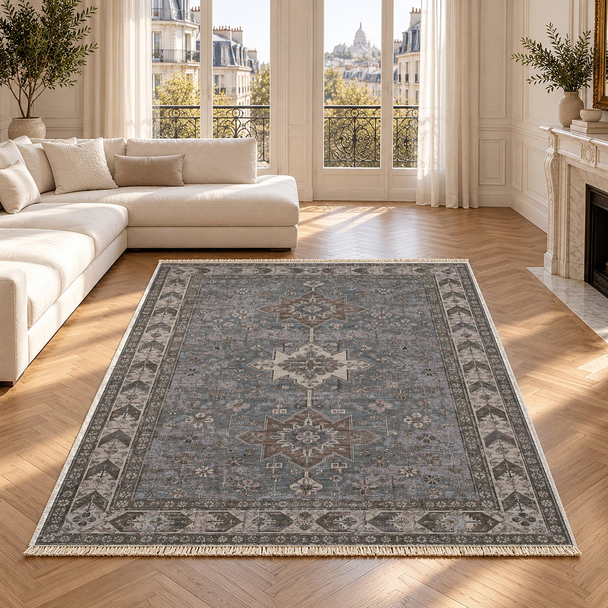 Yagcibedir Stars Graphite & Linen washable rug in a Paris living room