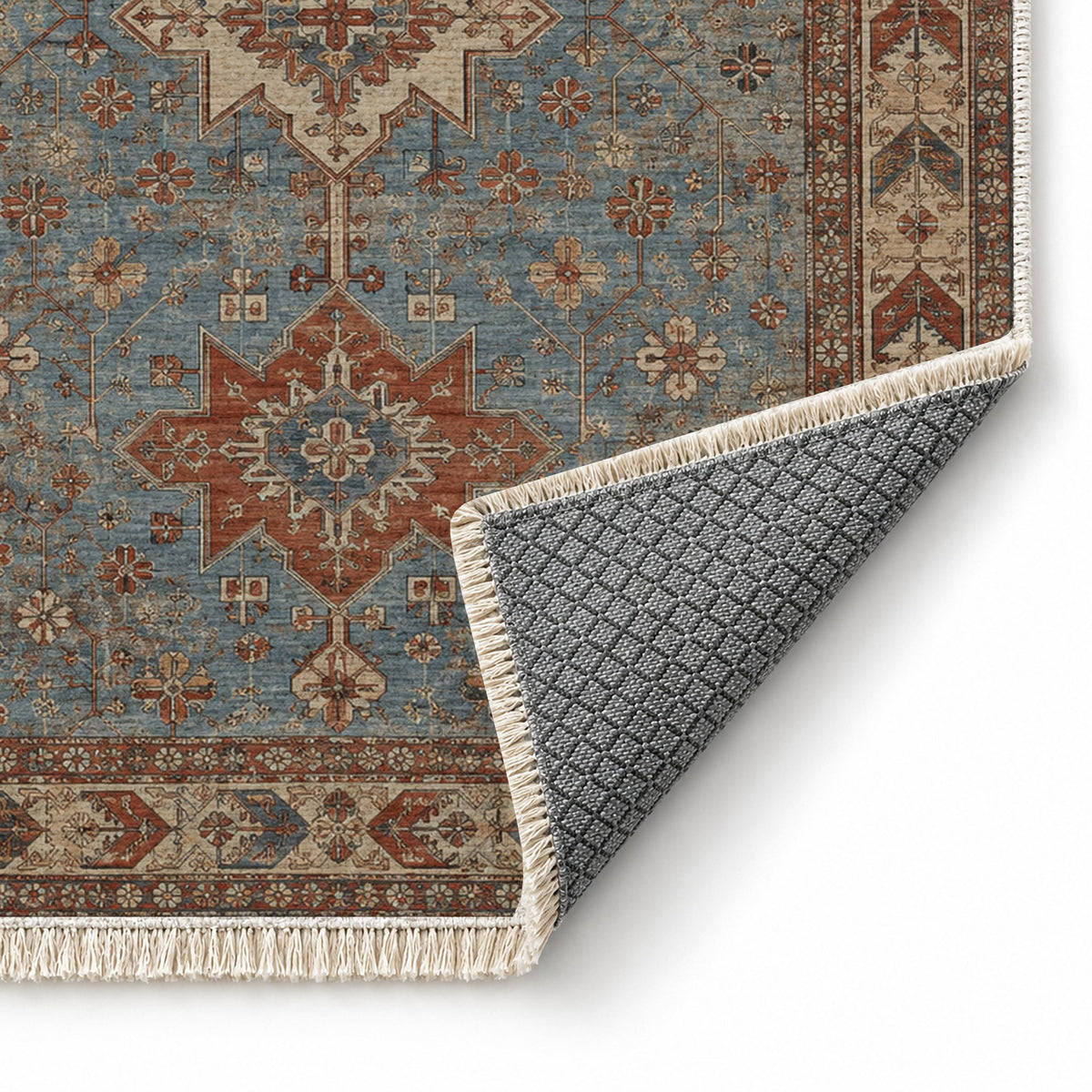 Yagcibedir Stars Grey & Brown washable rug folded corner showing the backing