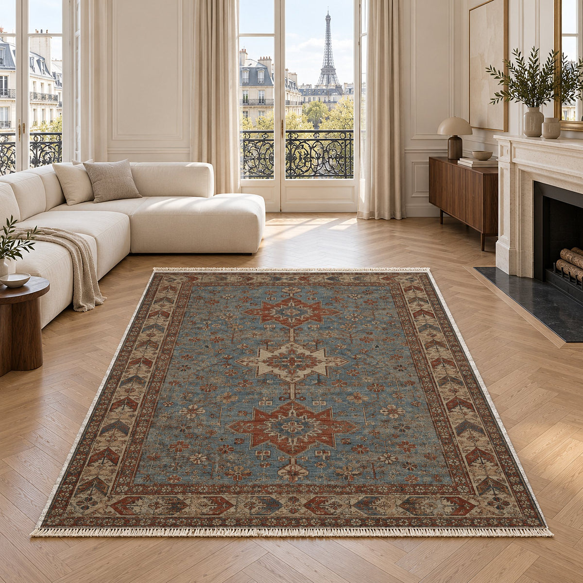 Yagcibedir Stars Grey & Brown washable rug in a living room with an Eiffel Tower view