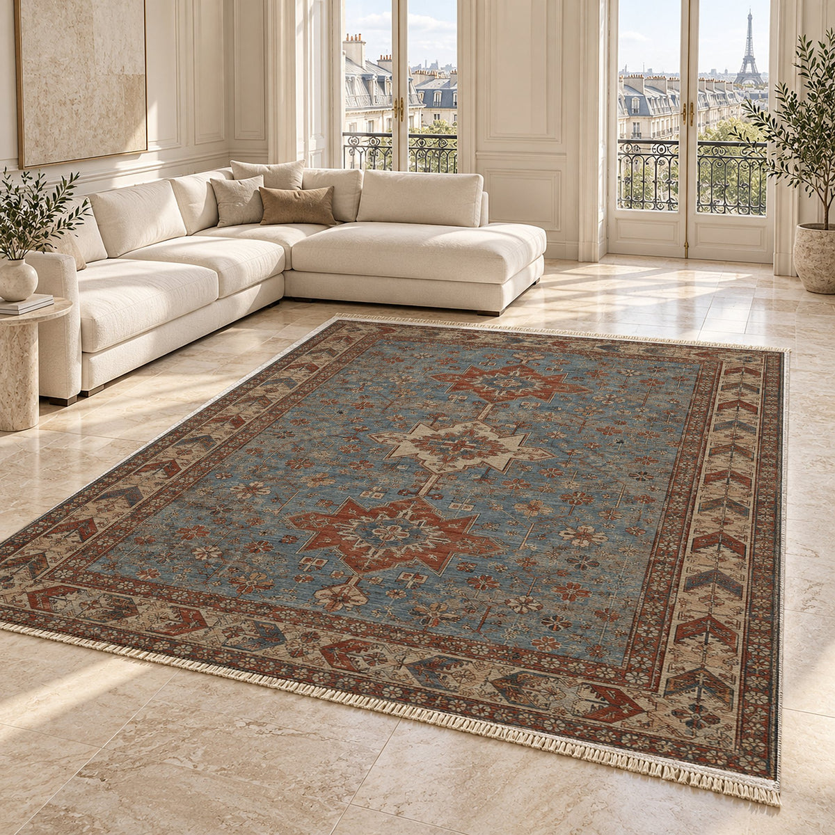 Yagcibedir Stars Grey & Brown washable rug angled room view on marble