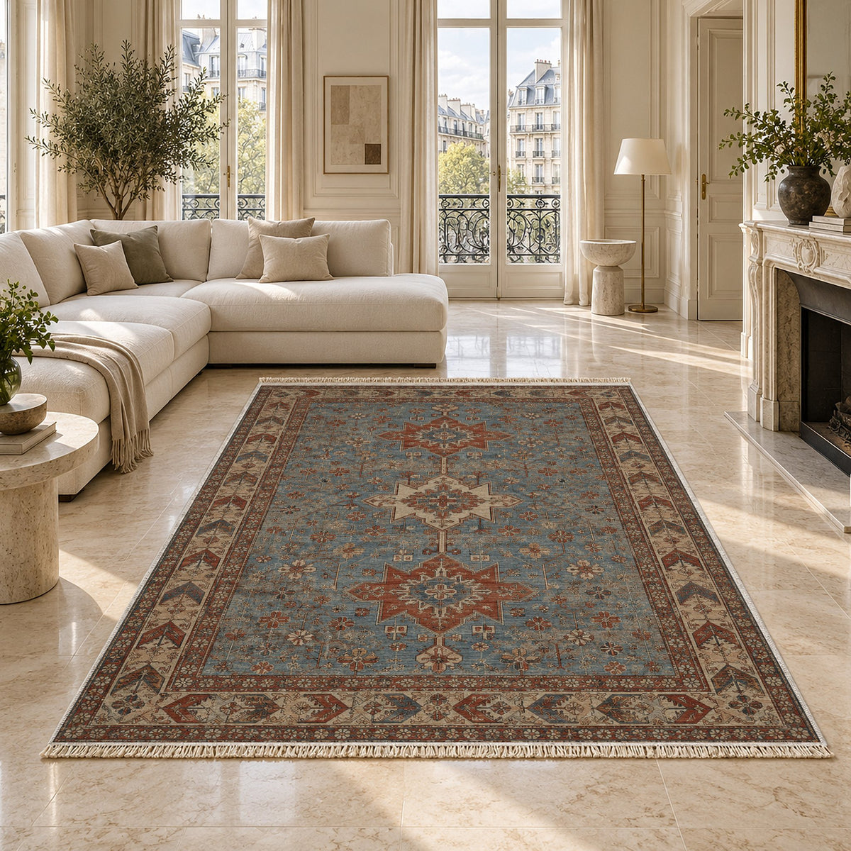 Yagcibedir Stars Grey & Brown washable rug on a marble floor