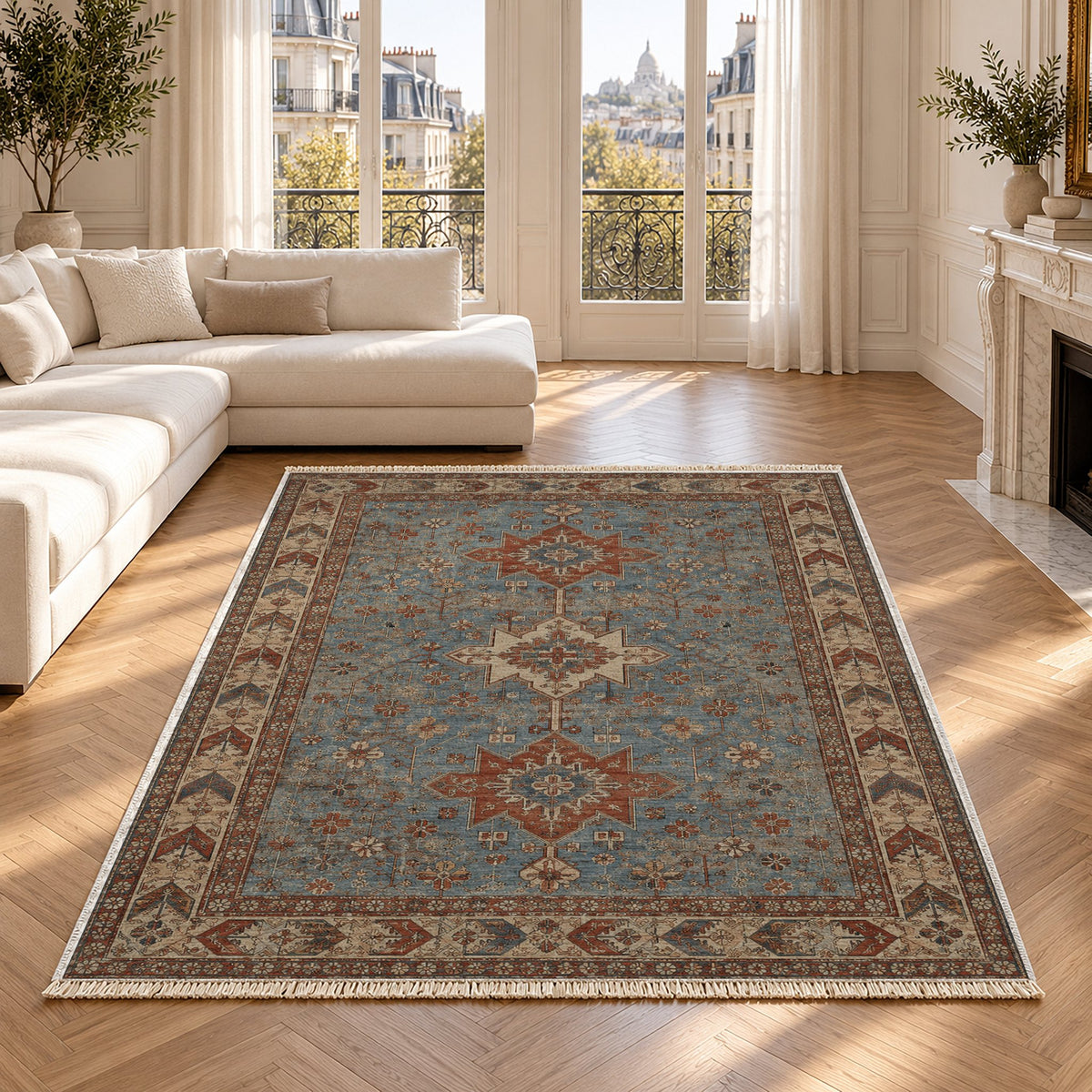 Yagcibedir Stars Grey & Brown washable rug in a Paris living room
