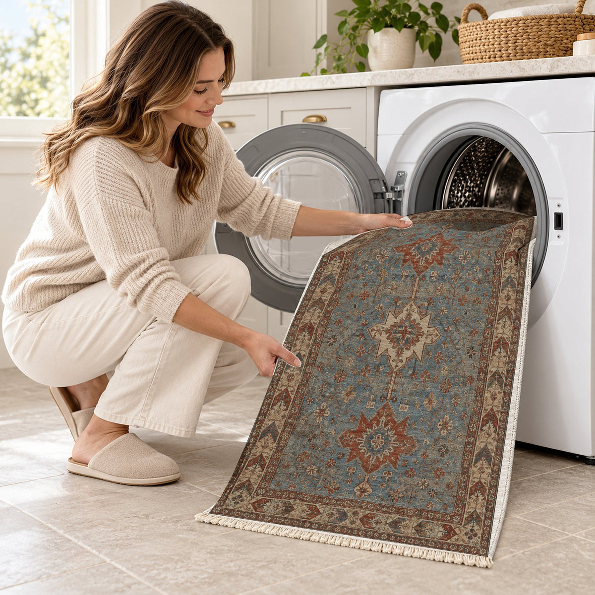 Yagcibedir Stars Grey & Brown washable rug being loaded into a washing machine