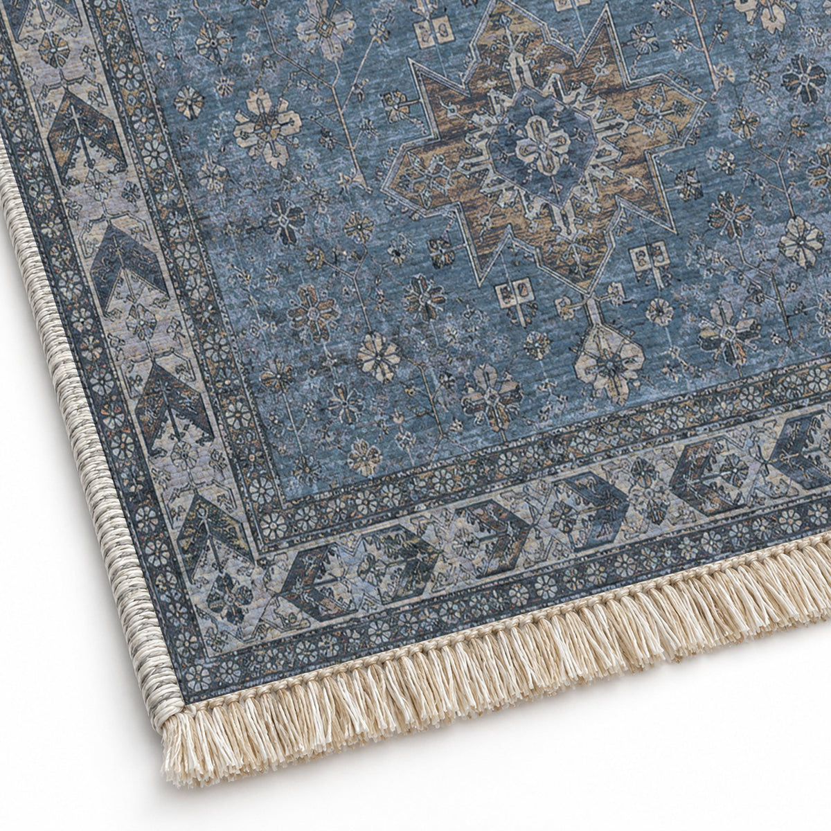 Yagcibedir Stars Mineral Blue washable rug close-up of the printed chenille