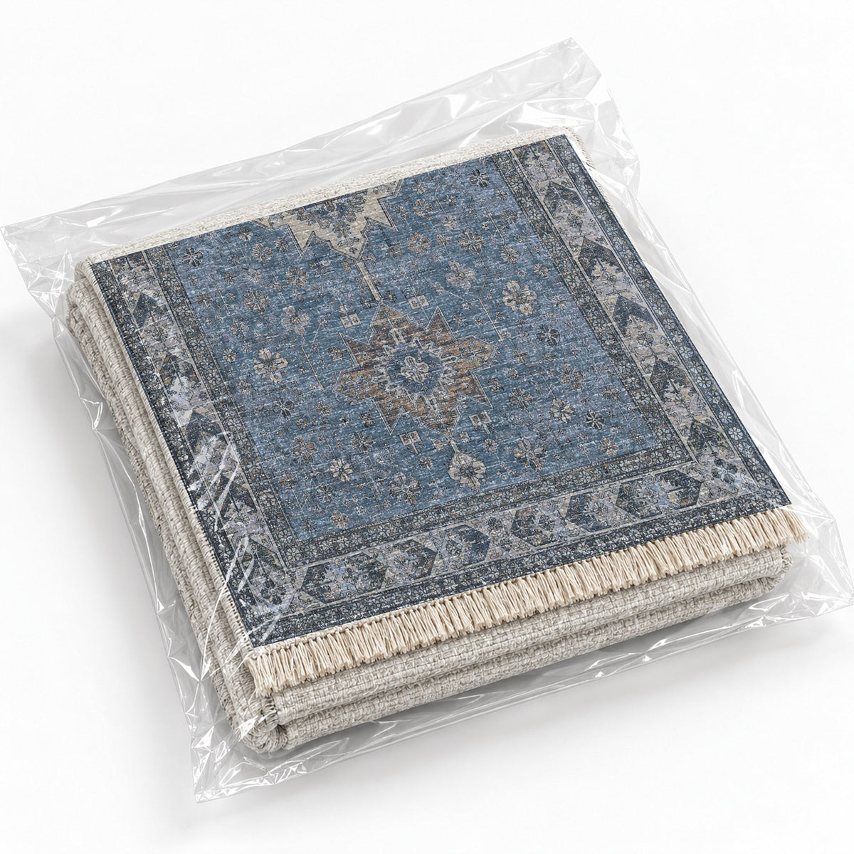 Yagcibedir Stars Mineral Blue washable rug rolled and packaged