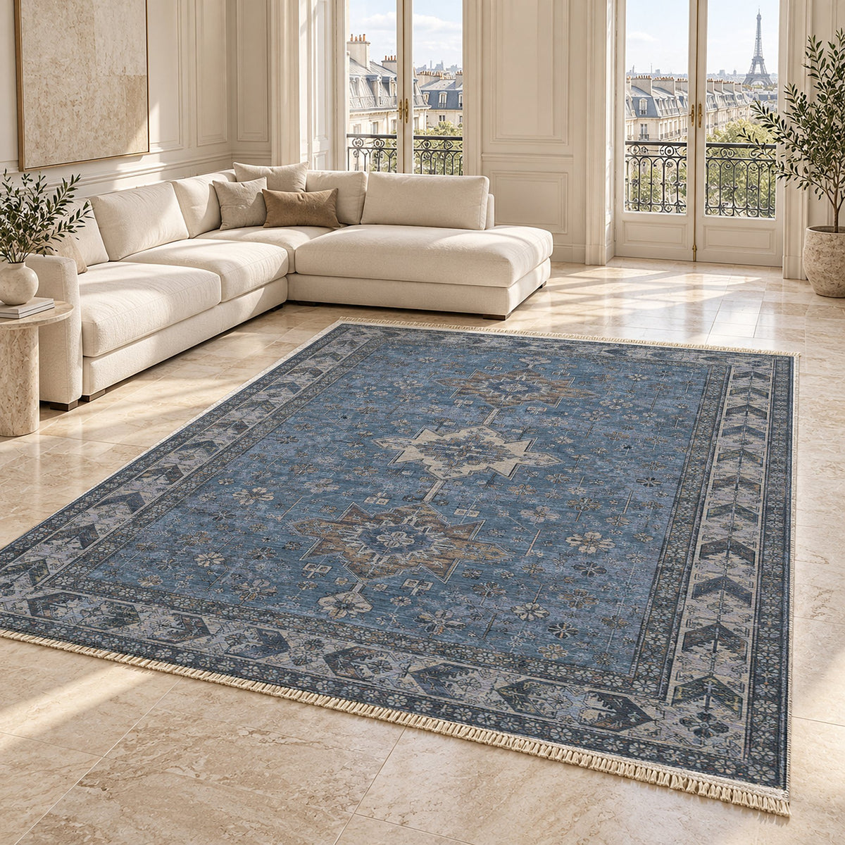 Yagcibedir Stars Mineral Blue washable rug angled room view on marble