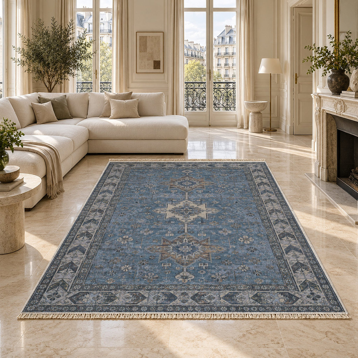 Yagcibedir Stars Mineral Blue washable rug on a marble floor