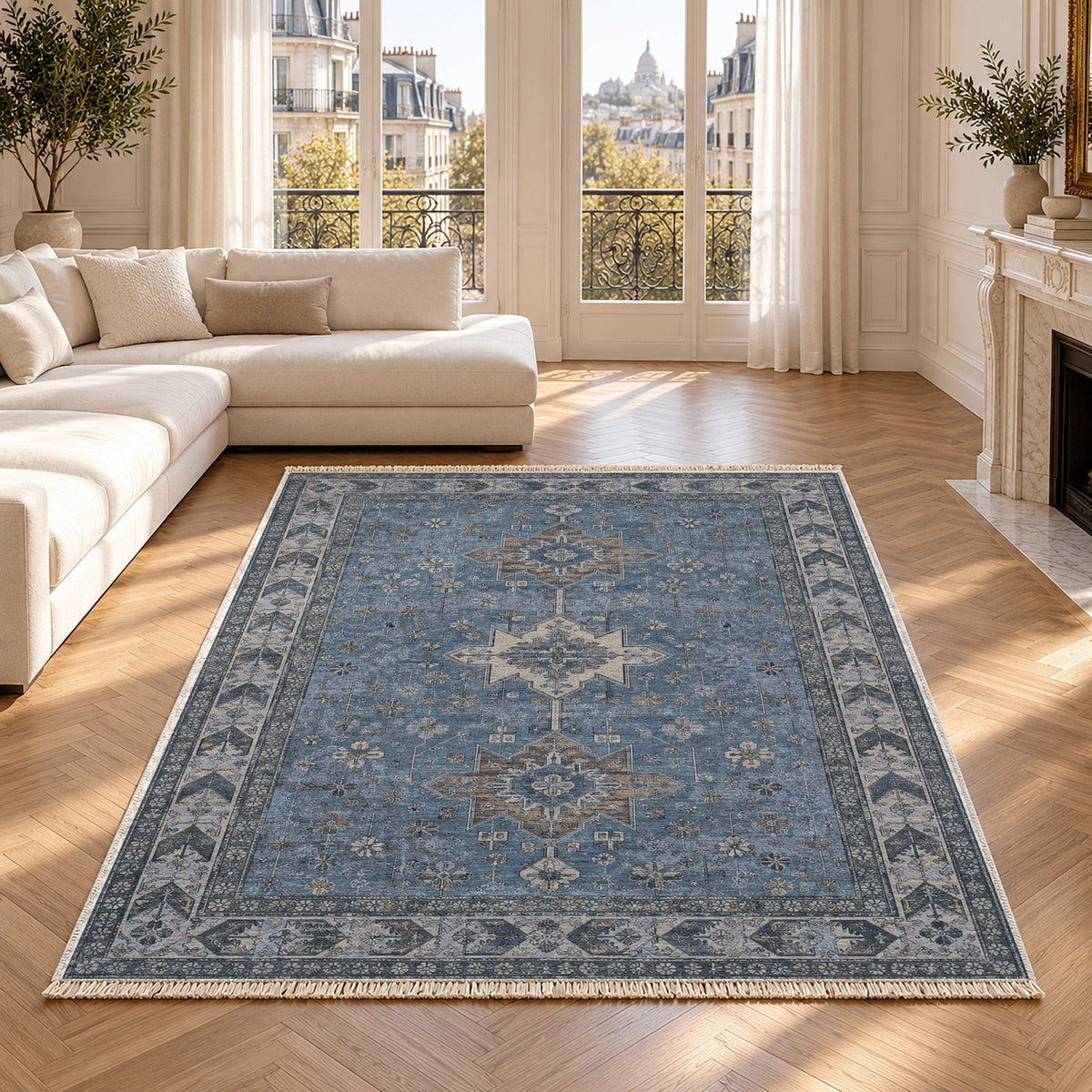 Yagcibedir Stars Mineral Blue washable rug in a Paris living room