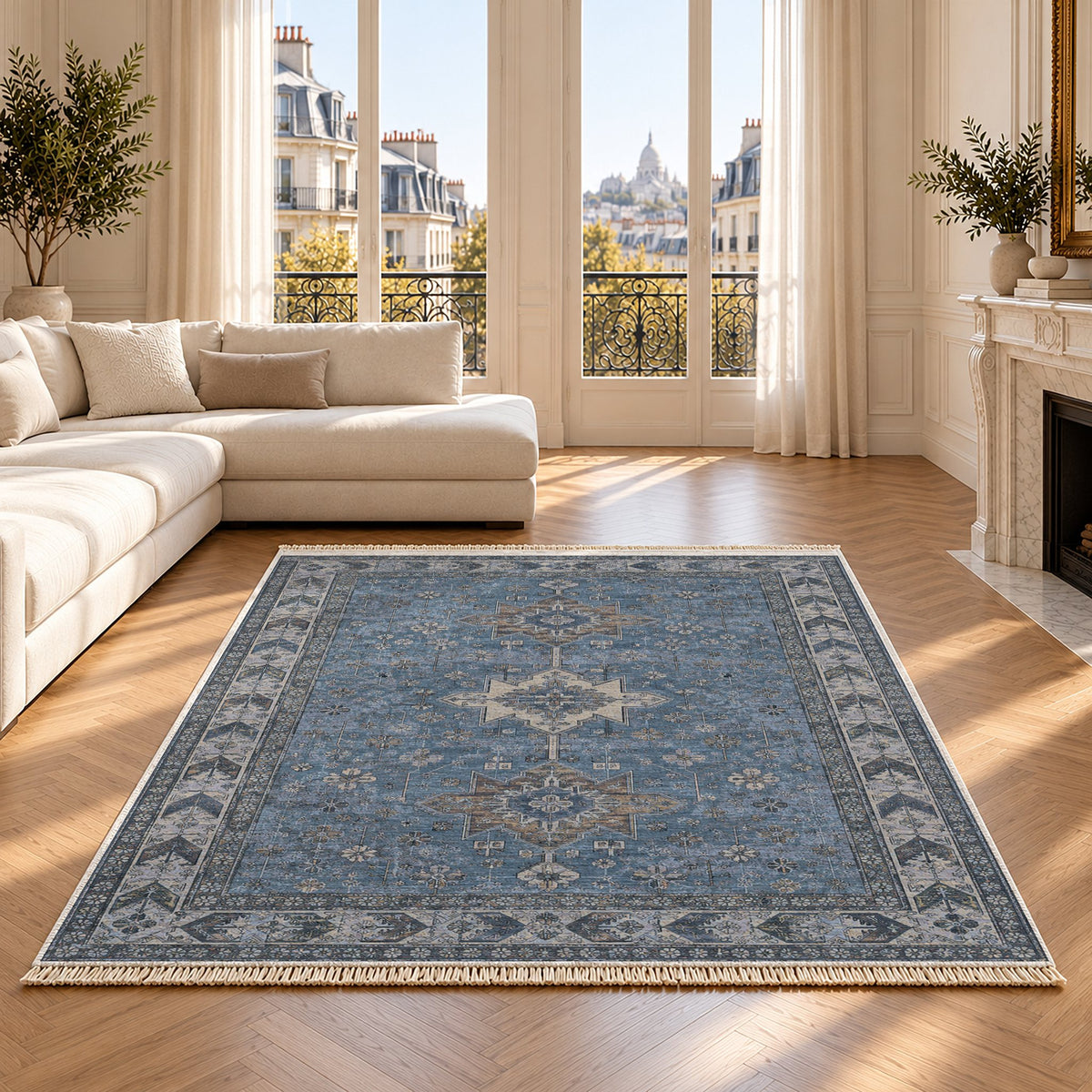Yagcibedir Stars Mineral Blue washable rug on an oak floor