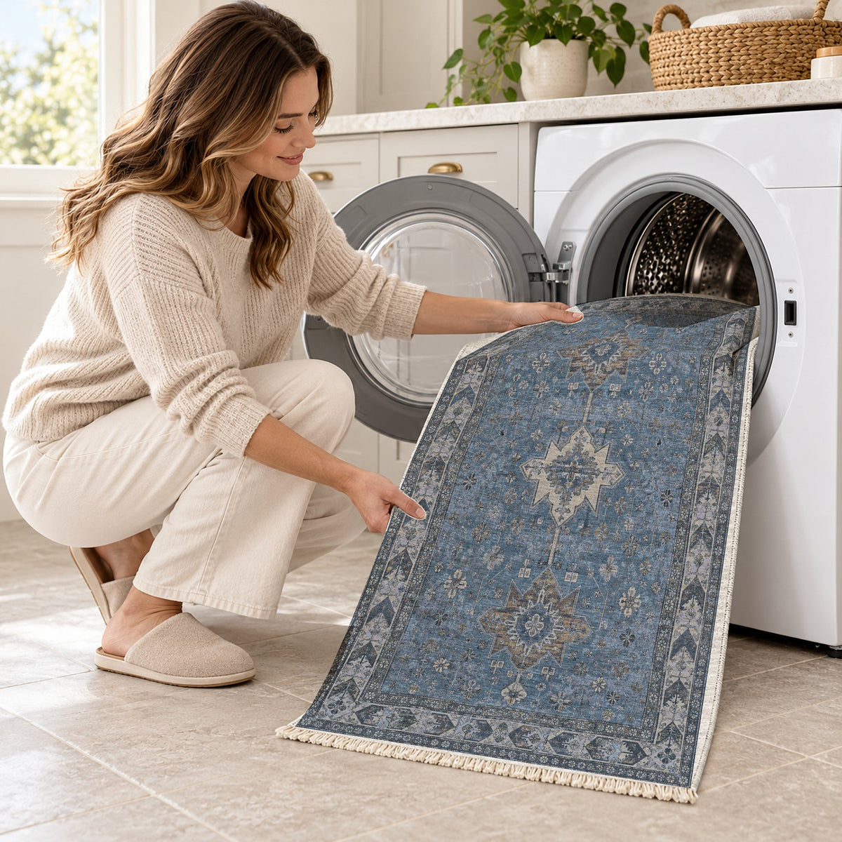Yagcibedir Stars Mineral Blue washable rug being loaded into a washing machine