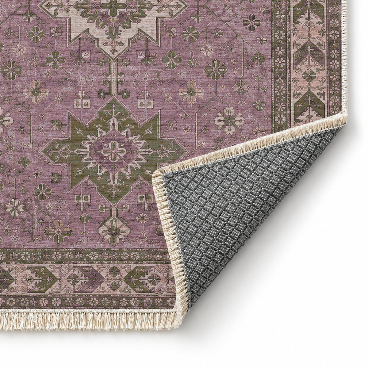 Yagcibedir Stars Rose & Olive washable rug folded corner showing the backing