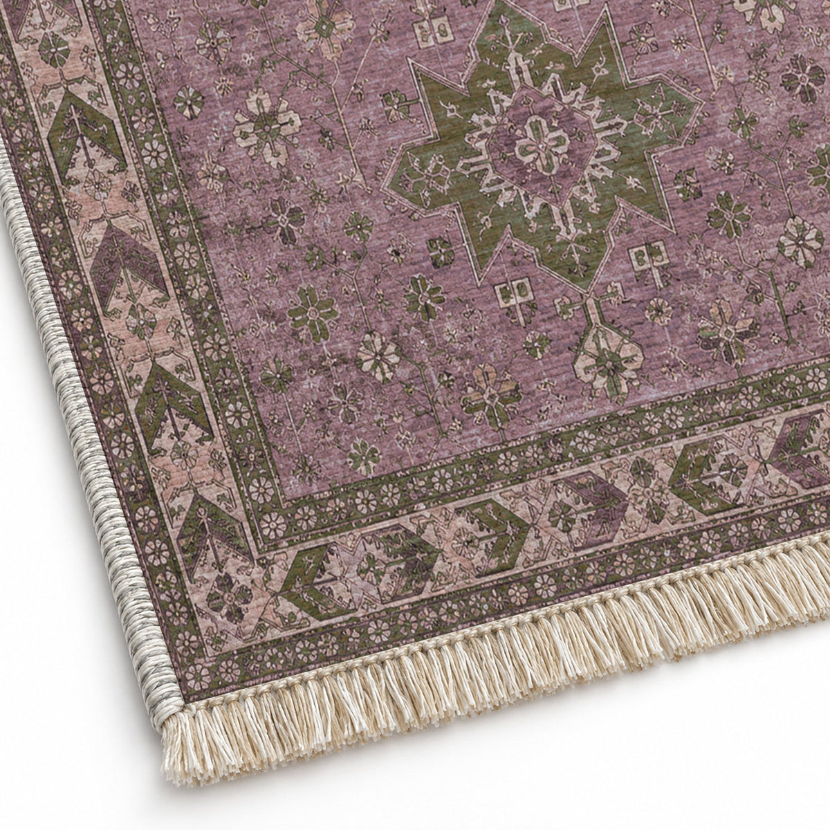 Yagcibedir Stars Rose & Olive washable rug close-up of the printed chenille