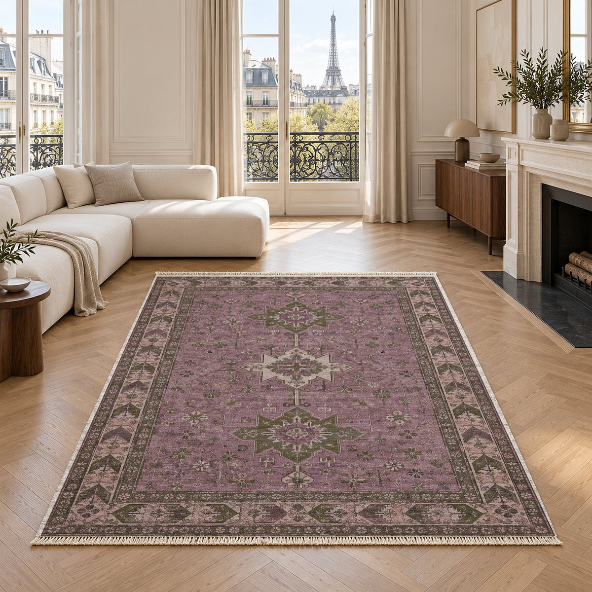 Yagcibedir Stars Rose & Olive washable rug in a living room with an Eiffel Tower view