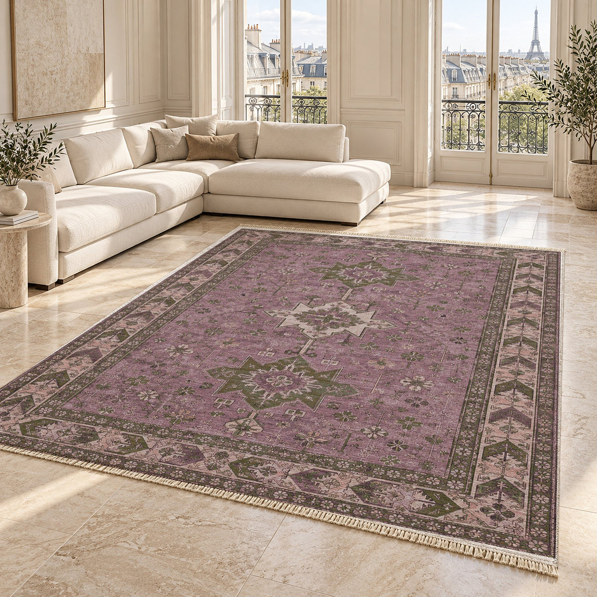 Yagcibedir Stars Rose & Olive washable rug angled room view on marble