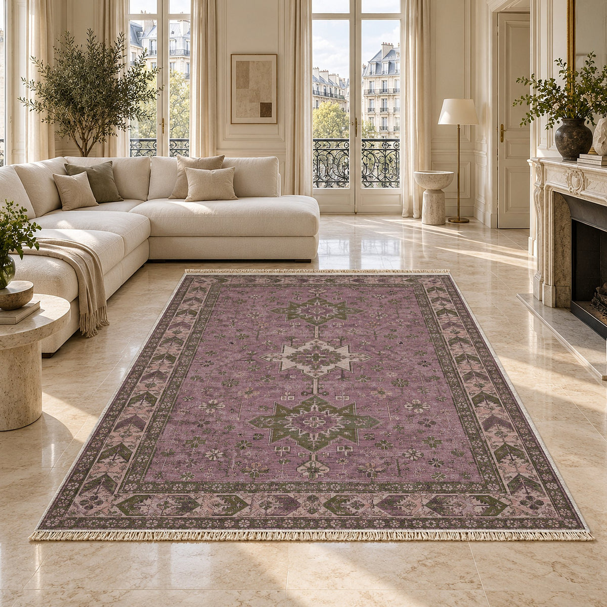 Yagcibedir Stars Rose & Olive washable rug on a marble floor