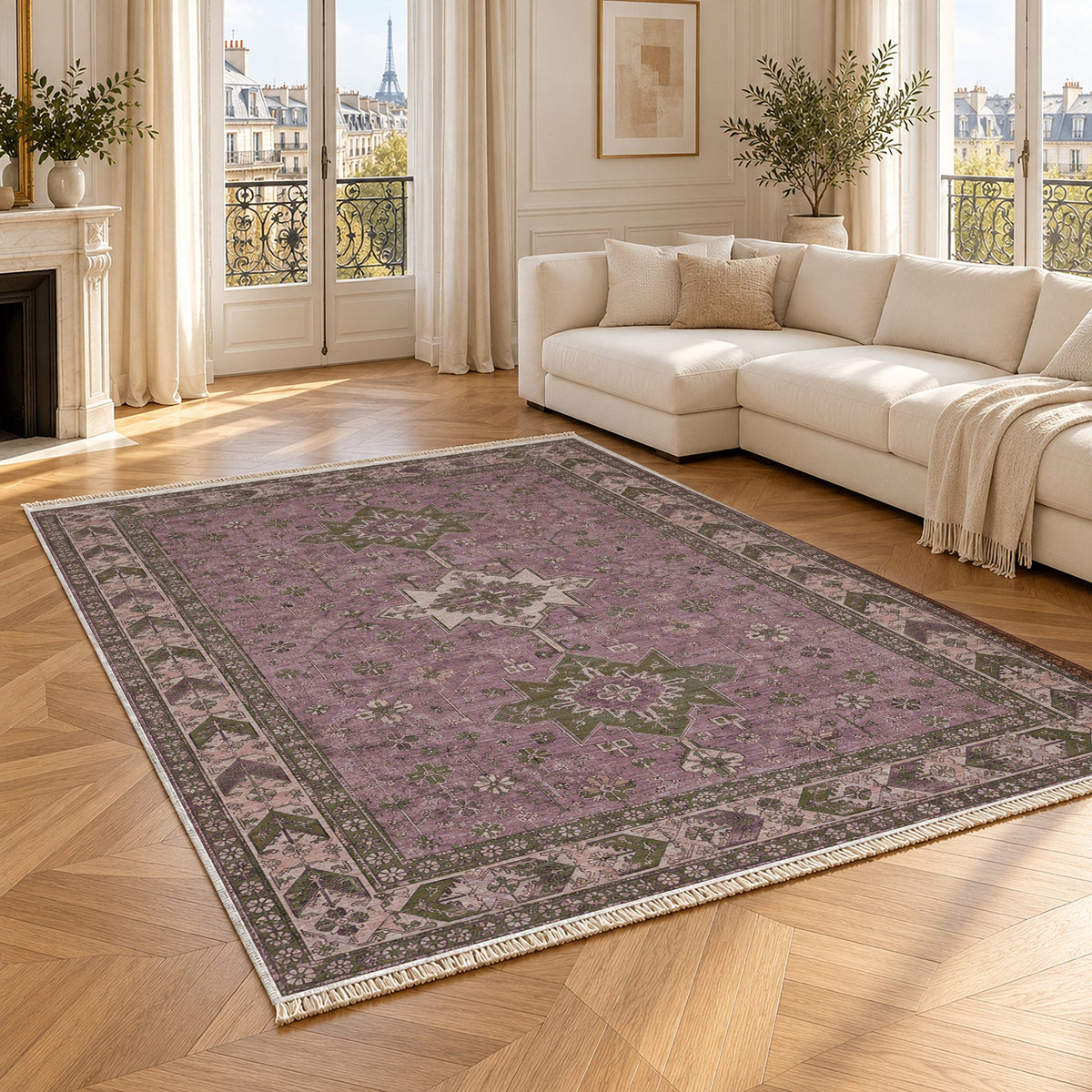 Yagcibedir Stars Rose & Olive washable rug angled room view