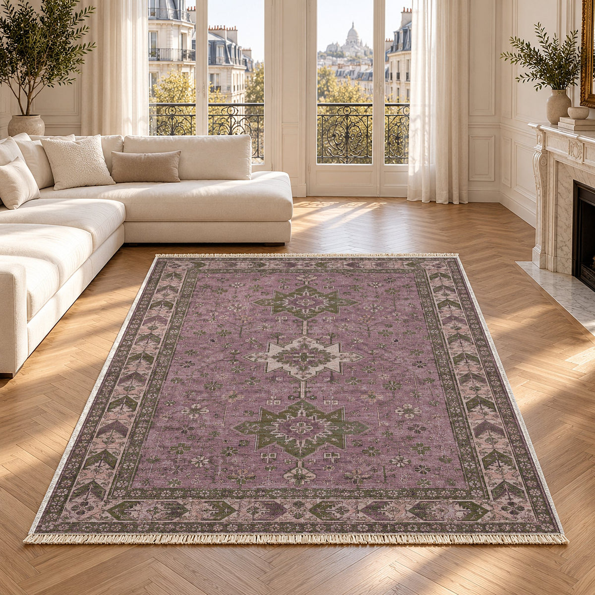 Yagcibedir Stars Rose & Olive washable rug in a Paris living room