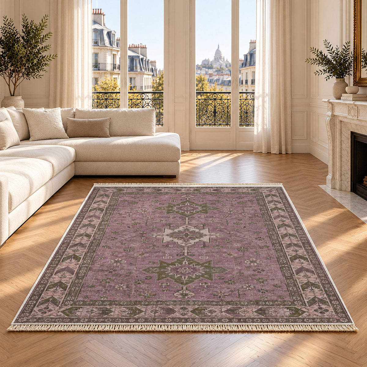 Yagcibedir Stars Rose & Olive washable rug on an oak floor