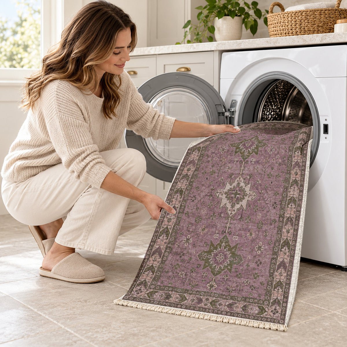 Yagcibedir Stars Rose & Olive washable rug being loaded into a washing machine