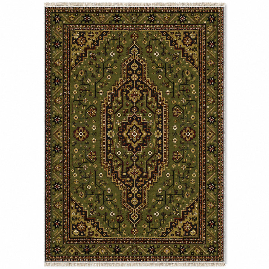 Zahir Medallion Olive Green Afghan Washable Rug