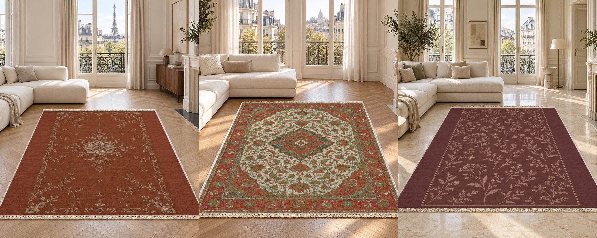 Rust, Persian-style and burgundy washable rugs in bright Paris living rooms