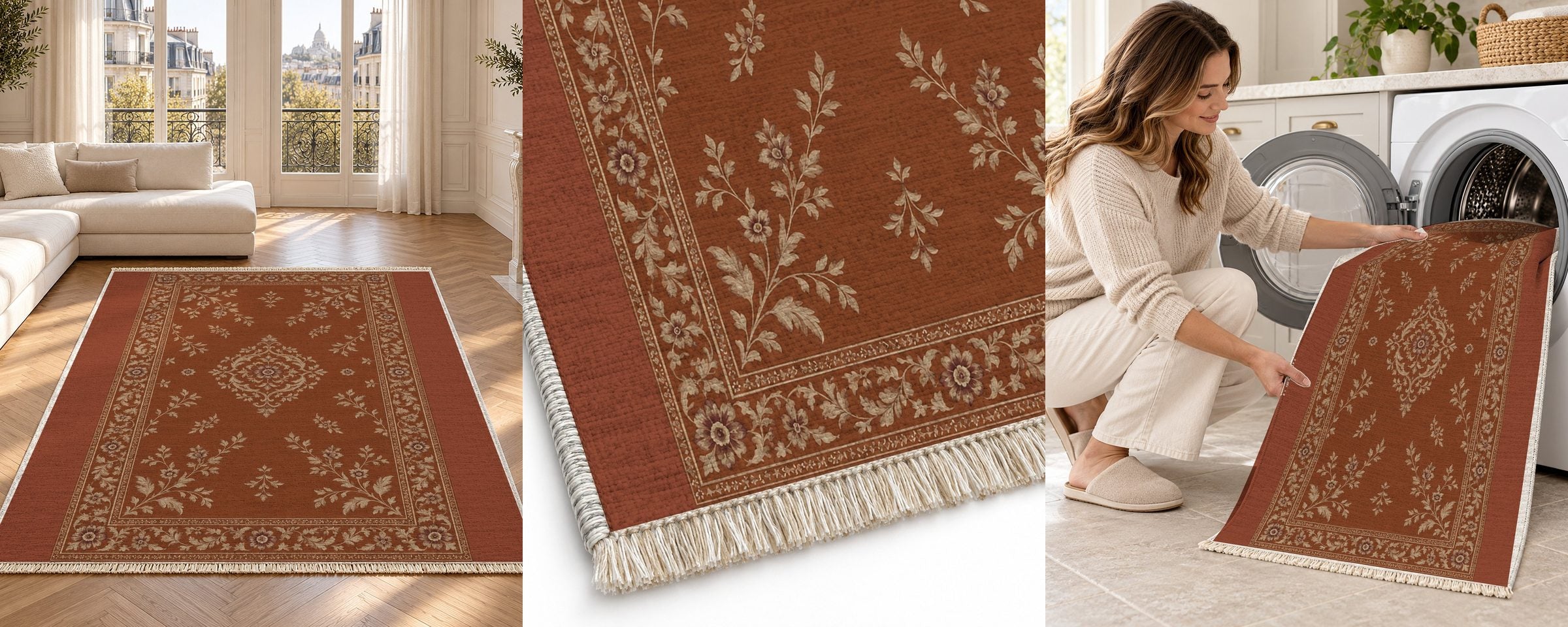 A rust washable rug in a living room, close up, and being loaded into a washing machine
